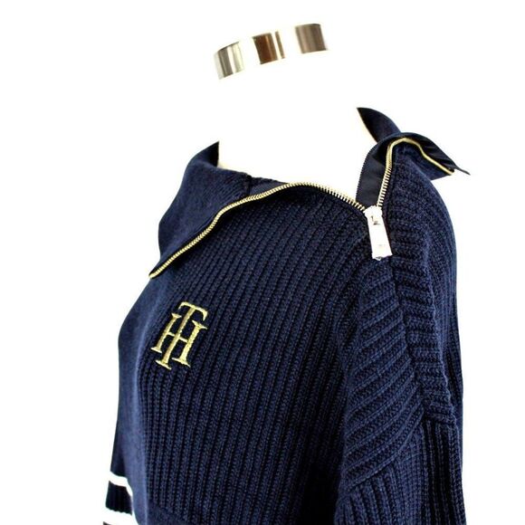 Tommy Hilfiger Sweater Ribbed Knit Shoulder Zip Varsity Turtleneck Blue Sz 2XL - Picture 2 of 10